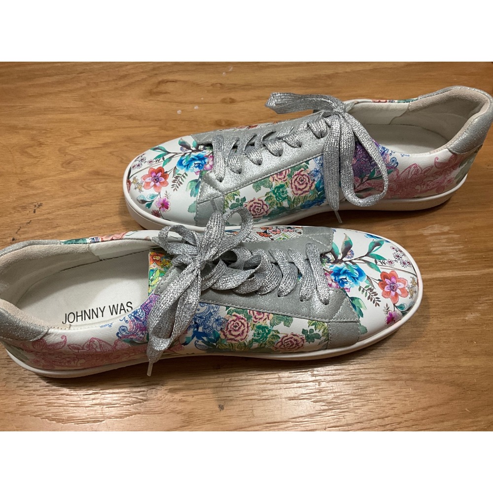Johnny Was Womens Floral Print Metallic Silver Lace Up Sneakers JWS0722 Size 10